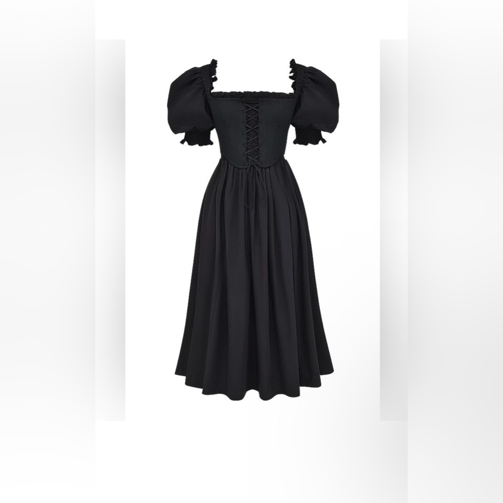 House of CB Silvana Black Puff Sleeves Midi Length SunDress Size Medium - Picture 3 of 14